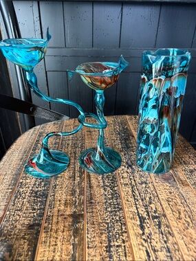 Vintage Turquoise Handblown Glass Candle Holders- Flame Glow Penco